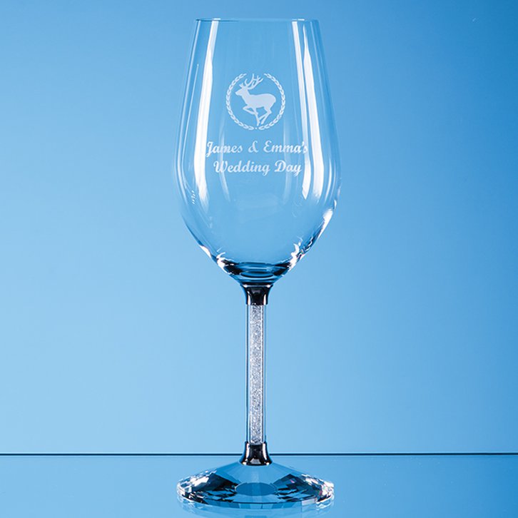 2 Crystal Red Wine Glasses with Diamante Filled Stems in a Satin Lined Gift Box