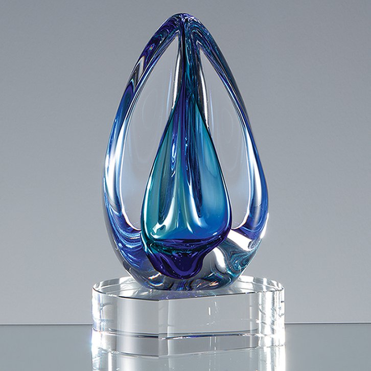 15cm Handmade Glass Blue & Teal Oval CrystalArt Award
