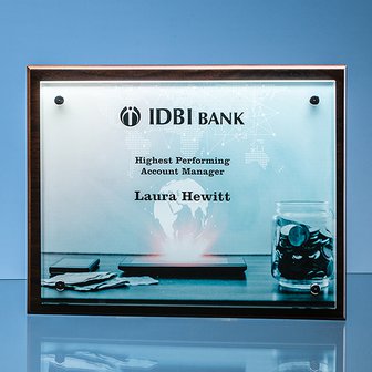 15cm x 20cm x 5mm Clear Glass Rectangle mounted on a 17mm Thick Brown Wood Plaque