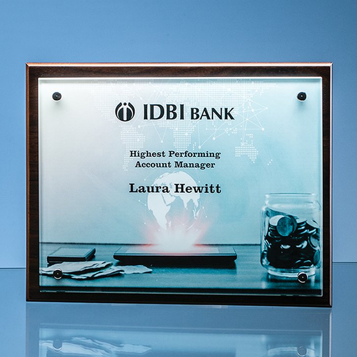 17.5cm x 22.5cm x 5mm Clear Glass Rectangle mounted on a 17mm Thick Brown Wood Plaque