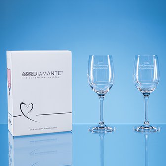 2 Diamante Petit Wine Glasses with Heart Design in an attractive Gift Box
