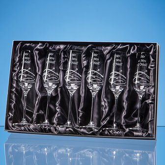 6 Diamante Champagne Flutes with Essence Design Cutting in a Satin Lined Gift Box