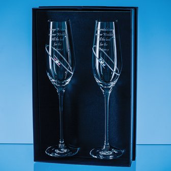 2 His & Hers Diamante Champagne Flutes with Orbital Design in an attractive Gift Box