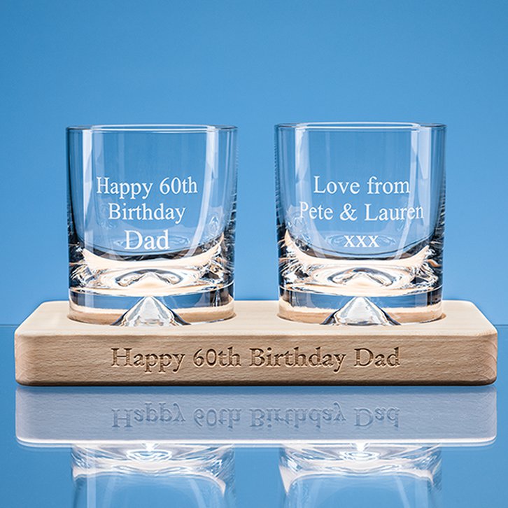 2 off 260ml Dimple Base Whisky Tumblers on a Beech Wood Base