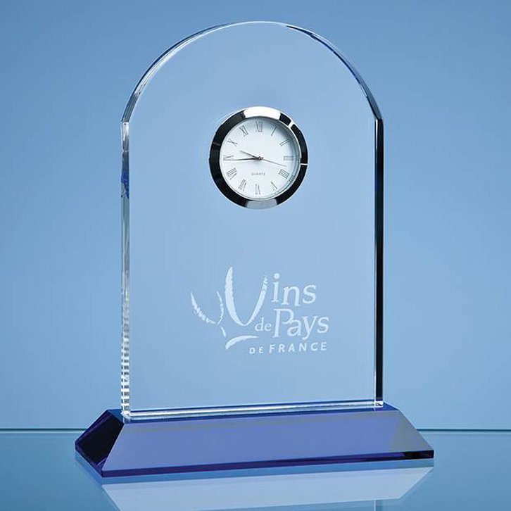 16cm Optical Crystal Arch Clock Mounted on a Cobalt Blue Base