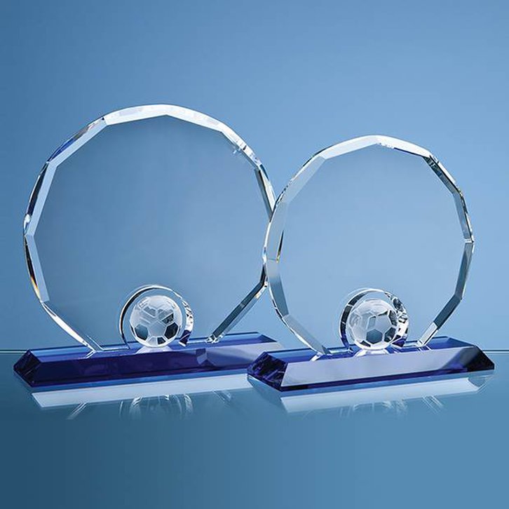 20cm Optical Crystal Decagon with Football on a Blue Base