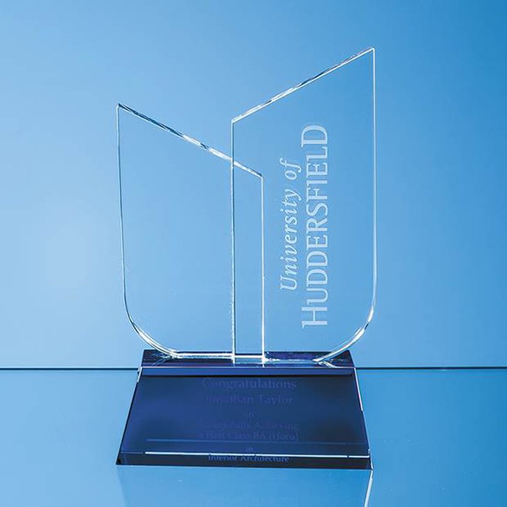 17cm Optical Crystal Double Slope Award on a Sapphire Blue Base