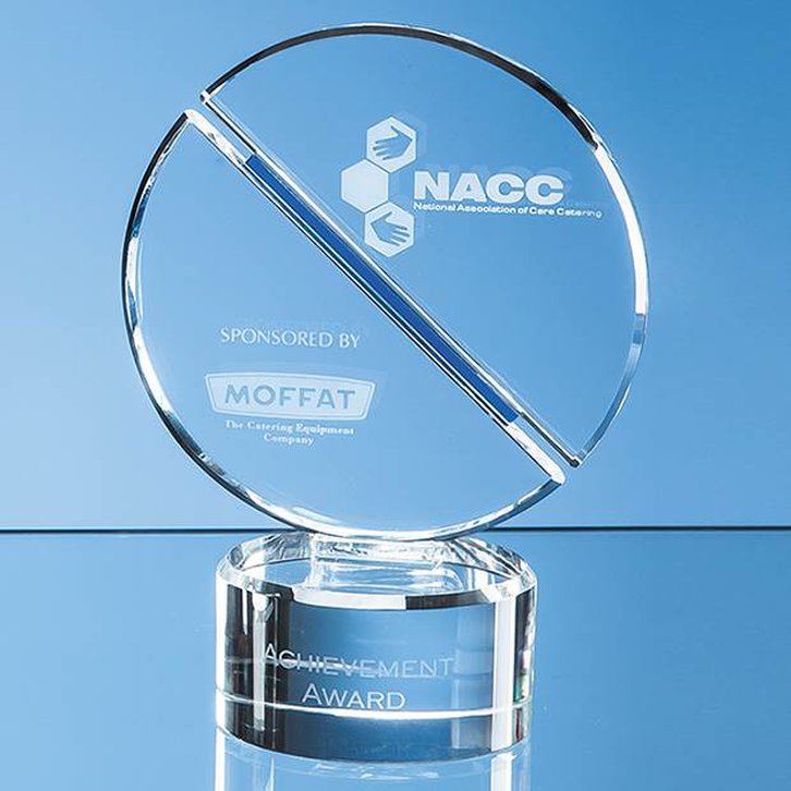 17.5cm Optical Crystal Mounted Circle Award with a Single Diagonal Cobalt Blue Line