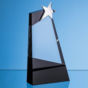 26cm Clear & Onyx Black Optical Crystal Slope Award with Silver Star