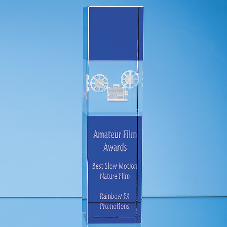 28cm Clear & Cobalt Blue Optical Crystal Square Column Award