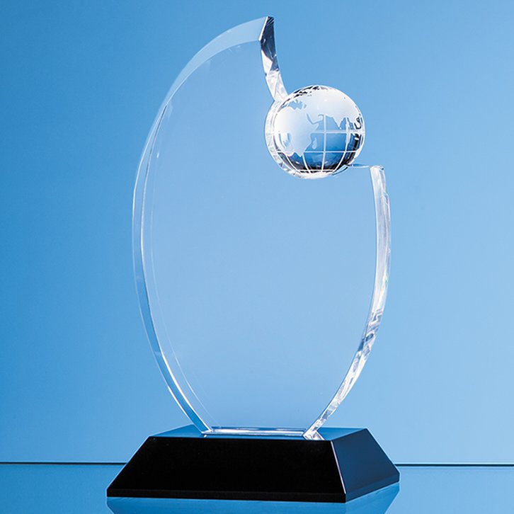 17.5cm Optical Crystal Globe Award Mounted on an Onyx Black Base